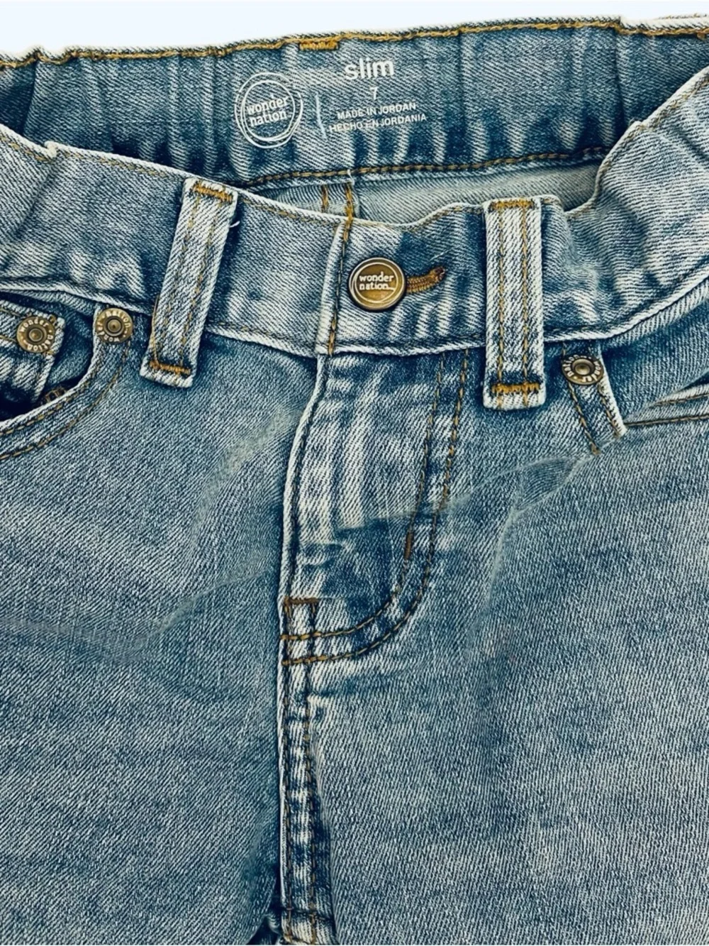 Wonder Nation cotton blend light blue denim jeans Boy 7 Slim 5 pocket design zip